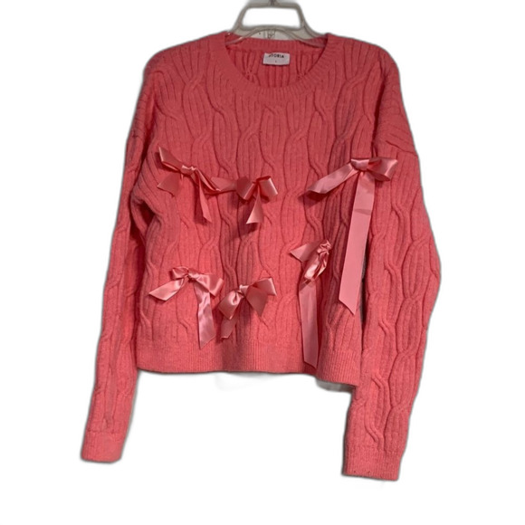 STORIA PINK BOW CABLE KNIT SWEATER LARGE - Picture 1 of 5